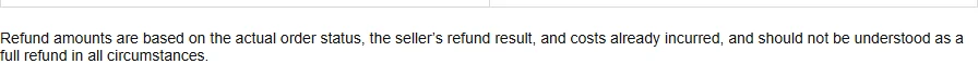 Single paragraph stating that refund amounts are based on the actual order status, the seller refund result and costs already incurred.