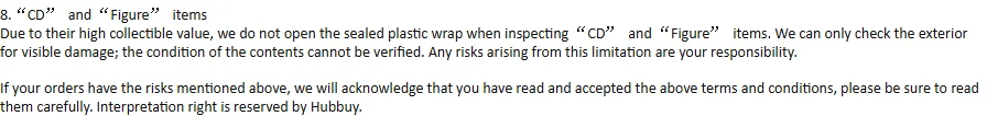 A numbered heading about sealed collectible items followed by a paragraph, and a closing paragraph about accepting the terms and conditions.
