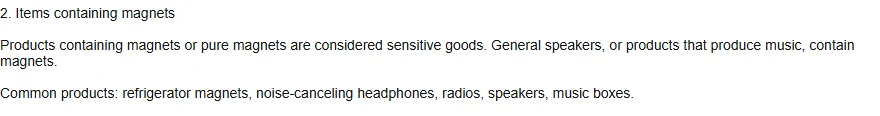 Paragraph block on products containing magnets, with common products listed as refrigerator magnets, noise-canceling headphones, radios, speakers and music boxes.