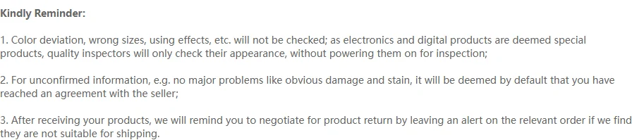 Three numbered clauses under the heading Kindly Reminder, covering what is not checked, the default assumption of agreement with the seller, and the alert left on an order when goods are unsuitable for shipping.