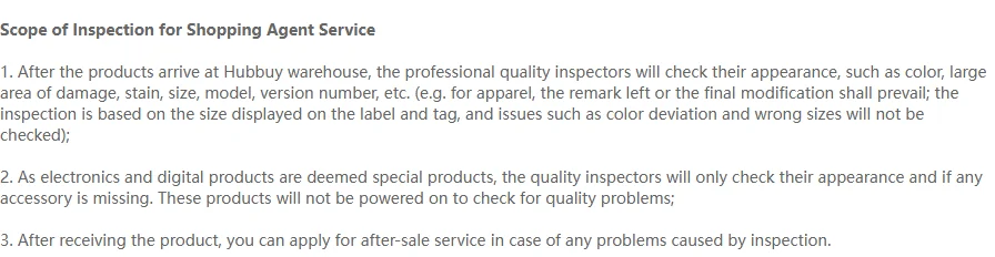 Three numbered clauses under the heading Scope of Inspection for Shopping Agent Service, describing appearance checks, the special treatment of electronics, and the route to after-sales service.