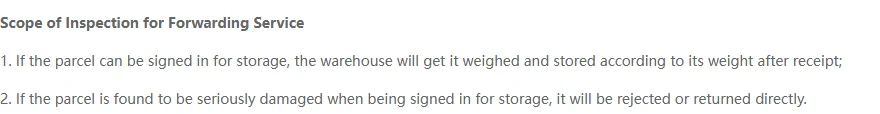 Two numbered clauses under the heading Scope of Inspection for Forwarding Service, describing storage by weight and direct rejection of badly damaged parcels.