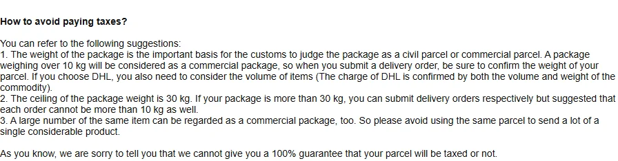Section headed How to avoid paying taxes, with three numbered suggestions on parcel weight, splitting delivery orders, and avoiding large quantities of the same item.