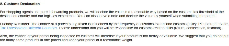 Section headed Customs Declaration, with a paragraph on how value is declared and two Friendly Reminder paragraphs on tax probability and parcel weight.