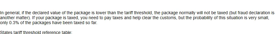 Opening paragraph explaining that packages declared below the tariff threshold are normally not taxed, with a parenthetical warning about fraudulent declaration.