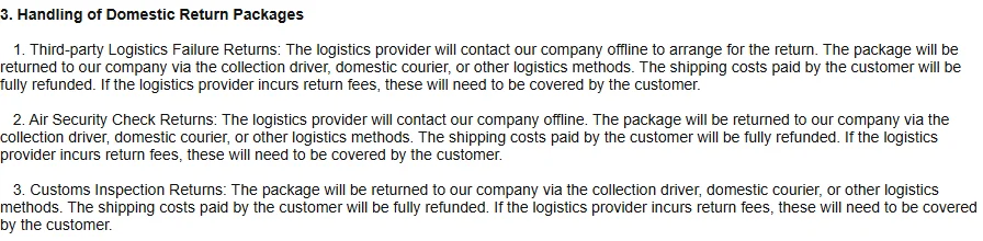 Numbered list headed Handling of Domestic Return Packages, describing offline contact by the logistics provider, return by collection driver or courier, and refund of the shipping the customer paid.