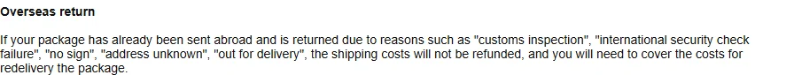 Short section headed Overseas return, naming customs inspection, international security check failure, no sign, address unknown and out for delivery as the triggering reasons.