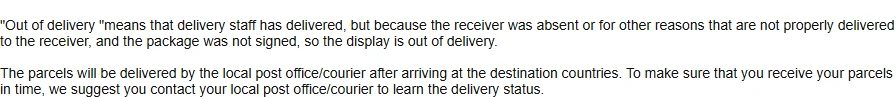 Two paragraphs defining what out of delivery means and advising contact with the local post office or courier in the destination country.