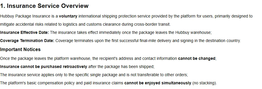 Numbered clauses describing the effective period of the insurance service and the point at which it terminates.