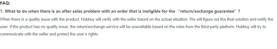 A question and answer block asking what to do when an order ineligible for the return guarantee develops an after sales problem.