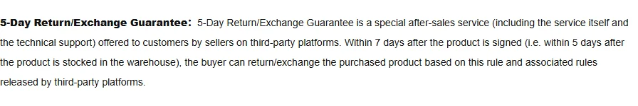 Opening definition of the return and exchange guarantee, giving the window both in days after signing and in days after warehouse stock in.
