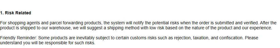 Help centre article opening headed with the question about customs risks, followed by the operator's answer.