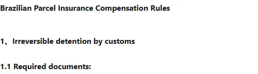 Bold heading reading Brazilian Parcel Insurance Compensation Rules, followed by a numbered clause on irreversible detention and a required documents subheading.