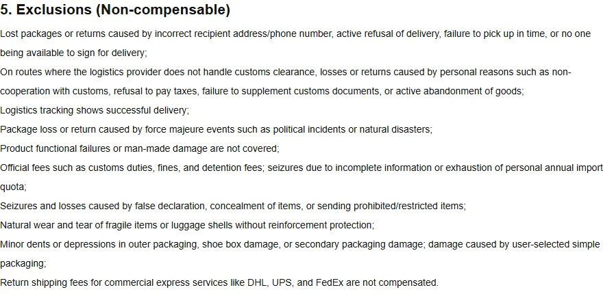 Numbered section headed Exclusions with ten separate clauses listing situations in which no compensation is paid.