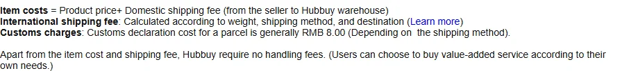 Three labelled definitions for item costs, international shipping fee and customs charges, followed by a paragraph on handling fees and value added services.