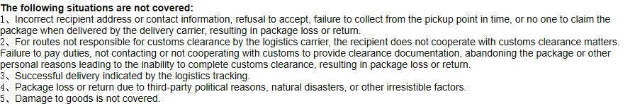 Bold heading reading The following situations are not covered, followed by five numbered clauses covering address errors, clearance non cooperation, successful delivery, force majeure and damage.