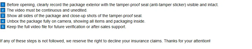 Five numbered steps on recording a parcel being opened, followed by a closing line about declining insurance claims.