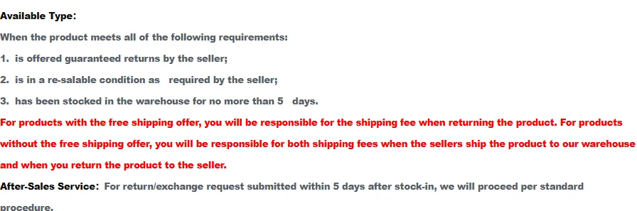 Numbered list of three requirements followed by a red paragraph about who pays the shipping fee and a line about requests within five days.