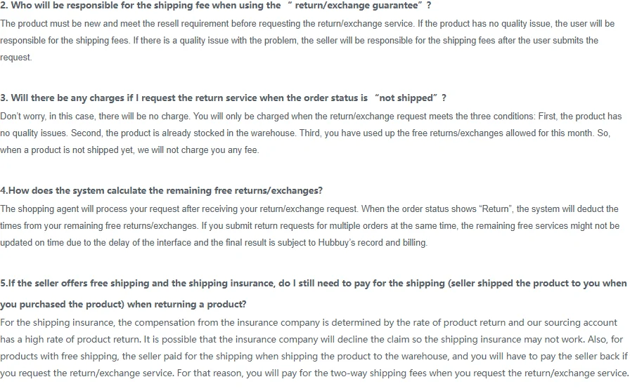 Four numbered questions with multi line answers about who pays shipping, charges on unshipped orders, how free returns are counted and why shipping insurance may not apply.