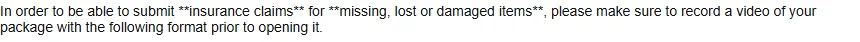 Two lines of body text containing double asterisks around two phrases, instructing the reader to record a video before opening the package.