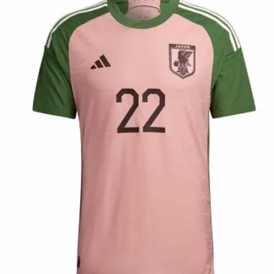 A pink and green soccer shirt with the number 22 across the front, three white stripes on the shoulders and a crest at the chest, shown on a display form against white.